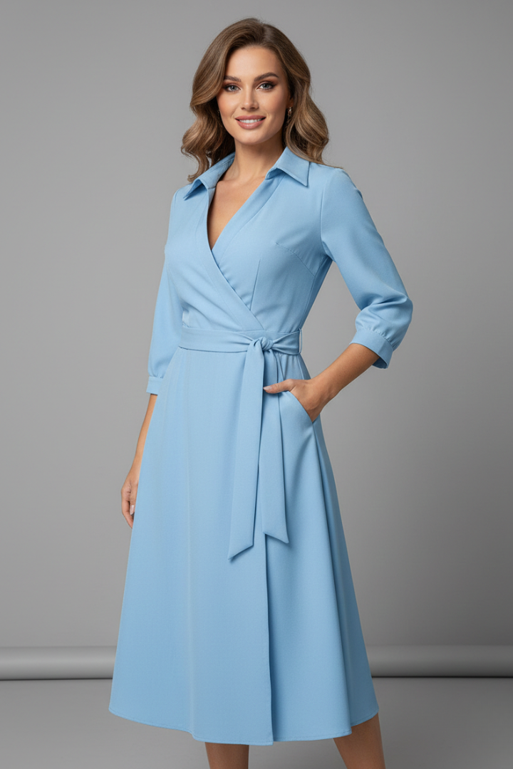 Women's Summer Midi Dress, Elegant V-Neck with Long Sleeves, A-Line Skirt for Formal or Casual Occasions 4