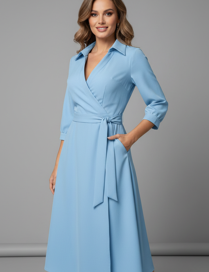 Women's Summer Midi Dress, Elegant V-Neck with Long Sleeves, A-Line Skirt for Formal or Casual Occasions 4