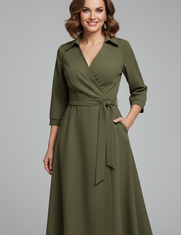 Women's Summer Midi Dress, Elegant V-Neck with Long Sleeves, A-Line Skirt for Formal or Casual Occasions 5