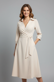 Women's Summer Midi Dress, Elegant V-Neck with Long Sleeves, A-Line Skirt for Formal or Casual Occasions 7