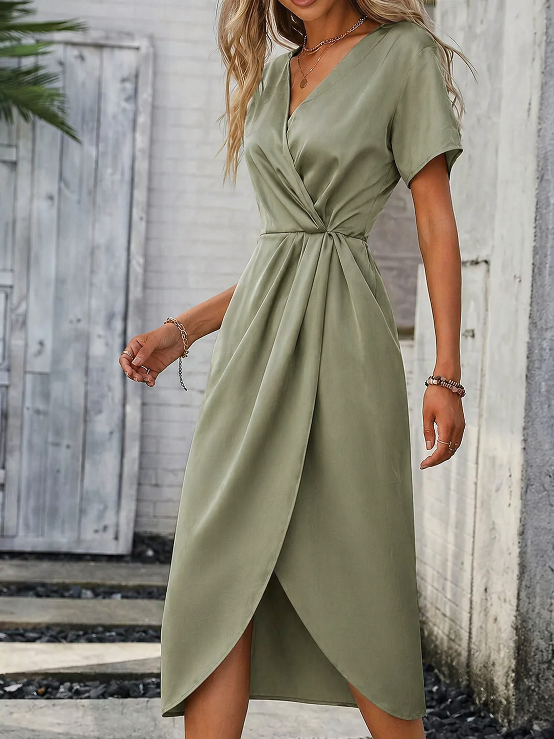 Women's Summer Wrap Midi Dress - Elegant White Dress with Tie Waist for Casual and Formal Occasions 4
