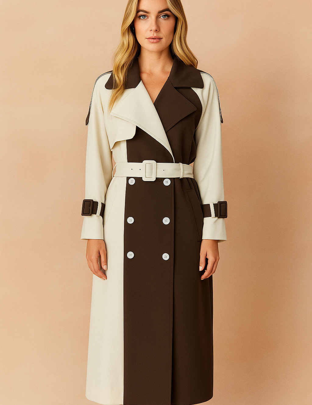A stylish Australian woman with long ash blond hair wears a modern two-tone trench coat, posed against a softly lit warm sand and pastel pink background, ideal for chic autumn-winter fashion campaigns