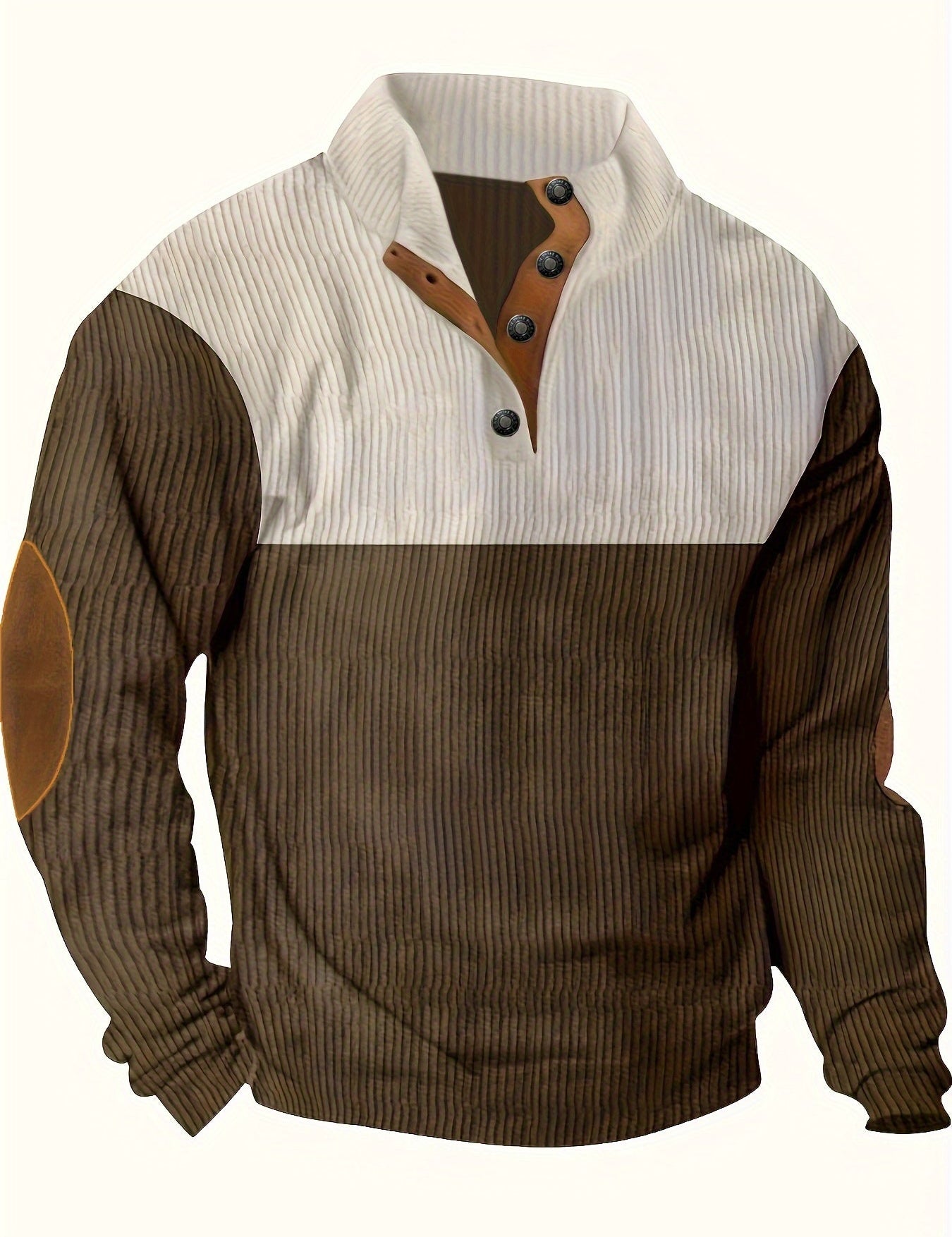 Men’s Ribbed Pullover Sweater - Quarter Button - Stand Collar - Long Sleeve - Elbow Patches-3