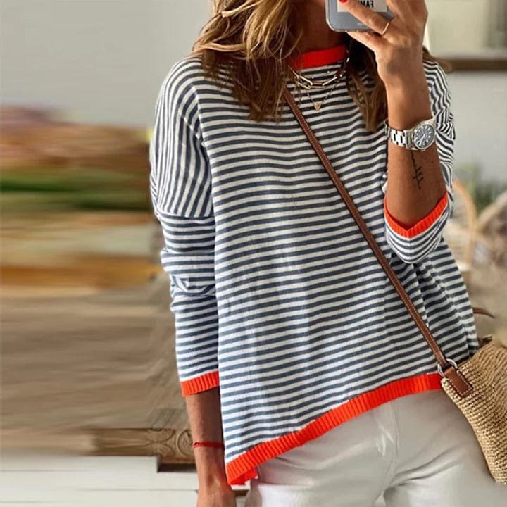 Sweater with blue stripes and orange hem-2