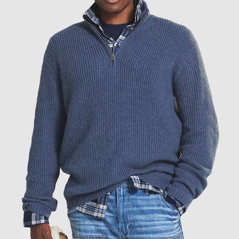 Men’s Half-Zip Knit Sweater - Ribbed Texture - High Collar - Relaxed Fit-3
